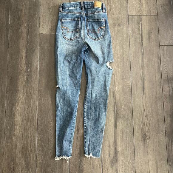 American Eagle Curvy Super Hi Rise Jegging Destroyed Distressed Jeans 00 Short - Picture 5 of 8